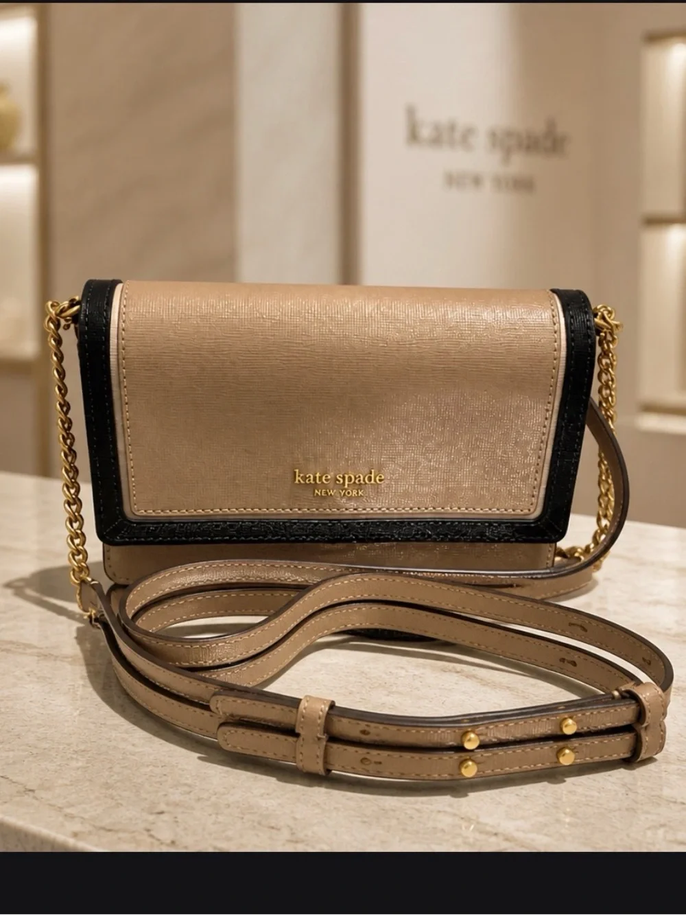 kate spade Taupe Crossbody with Black Trim and Gold Chain NWOT